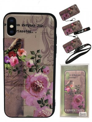 Apple IPhone X/Xs -TPU Case w/Tempered Glass Back Cover & Strap-Floral