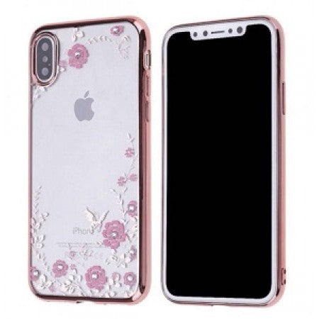 Apple IPhone X/Xs -TPU Chrome Bumper Butterfly-Jewel on Flower-Rose Gold