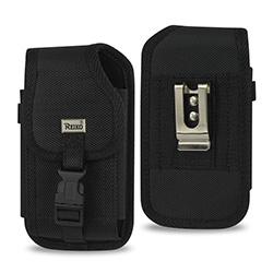 Black Rugged Vertical Pouch w/Buckle Clasp, Velcro Closure & Metal Clip