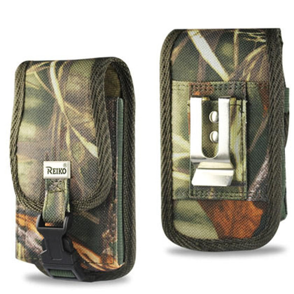 Camouflage Rugged Vertical Pouch w/Buckle Clasp, Velcro Closure & Metal Clip