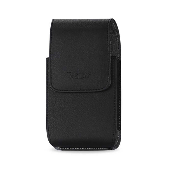 Black Leather Vertical Pouch w/Magnetic Closure & Metal Swivel Clip on Back