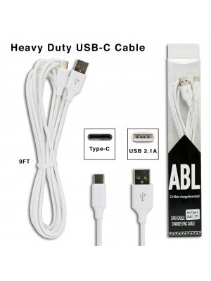 Fast Charge/Download Data USB Type C Cable-9 FT-White