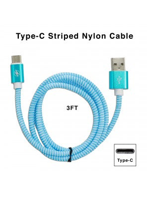 Fast Charge USB Type C Striped Nylon Cable-3 FT