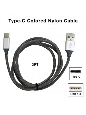 USB Type C Colored Nylon Cable-Gray-3 FT