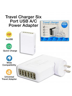 Six Port Travel Charger-USB A/C Power Adapter-White