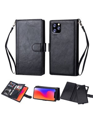 Apple IPhone 11 PRO MAX-Leather Wallet w/9 credit card slots & Removable Phone Case